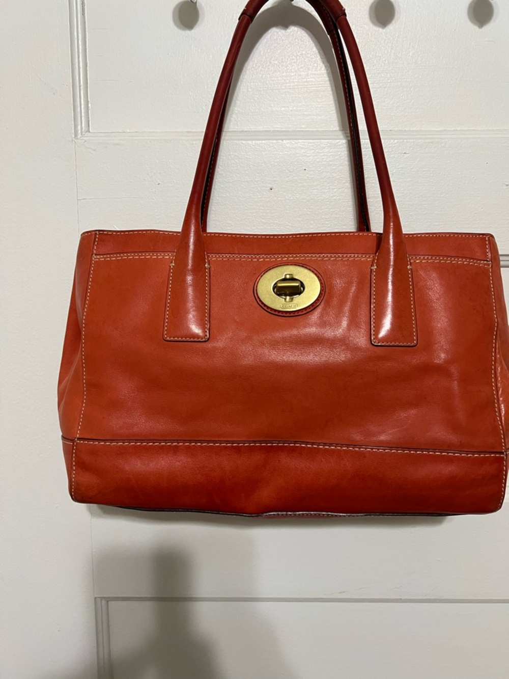 Coach Orange Leather Shoulder Tote with Gold Turnlock